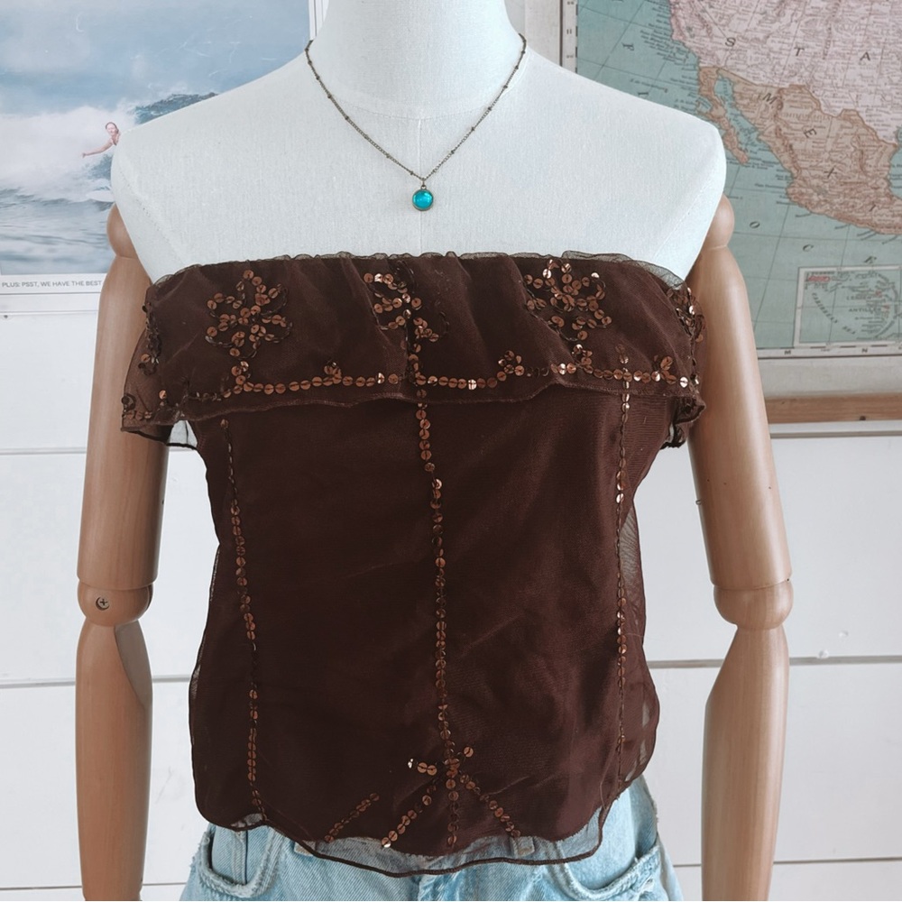 Elegant Brown Sequin Off-Shoulder Tube Top